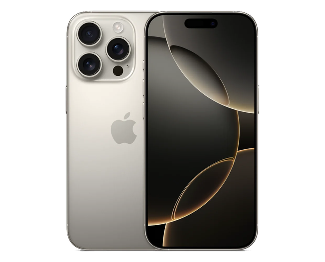 iPhone 16 Pro in Natural Titanium, front and back