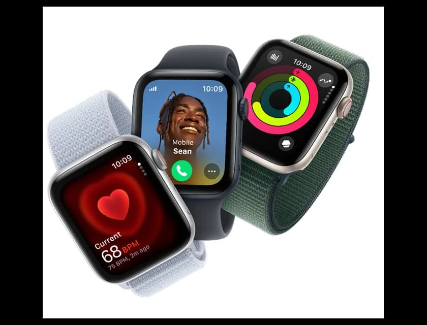 Three Apple Watch SE models showing different watch faces