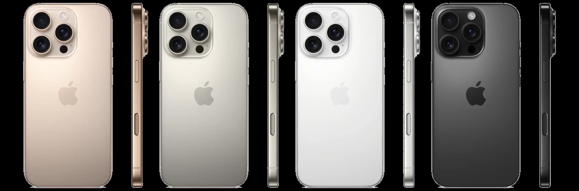 iPhone 16 Pro from the back in Desert, Natural, White and Black Titanium, each with its side profile
