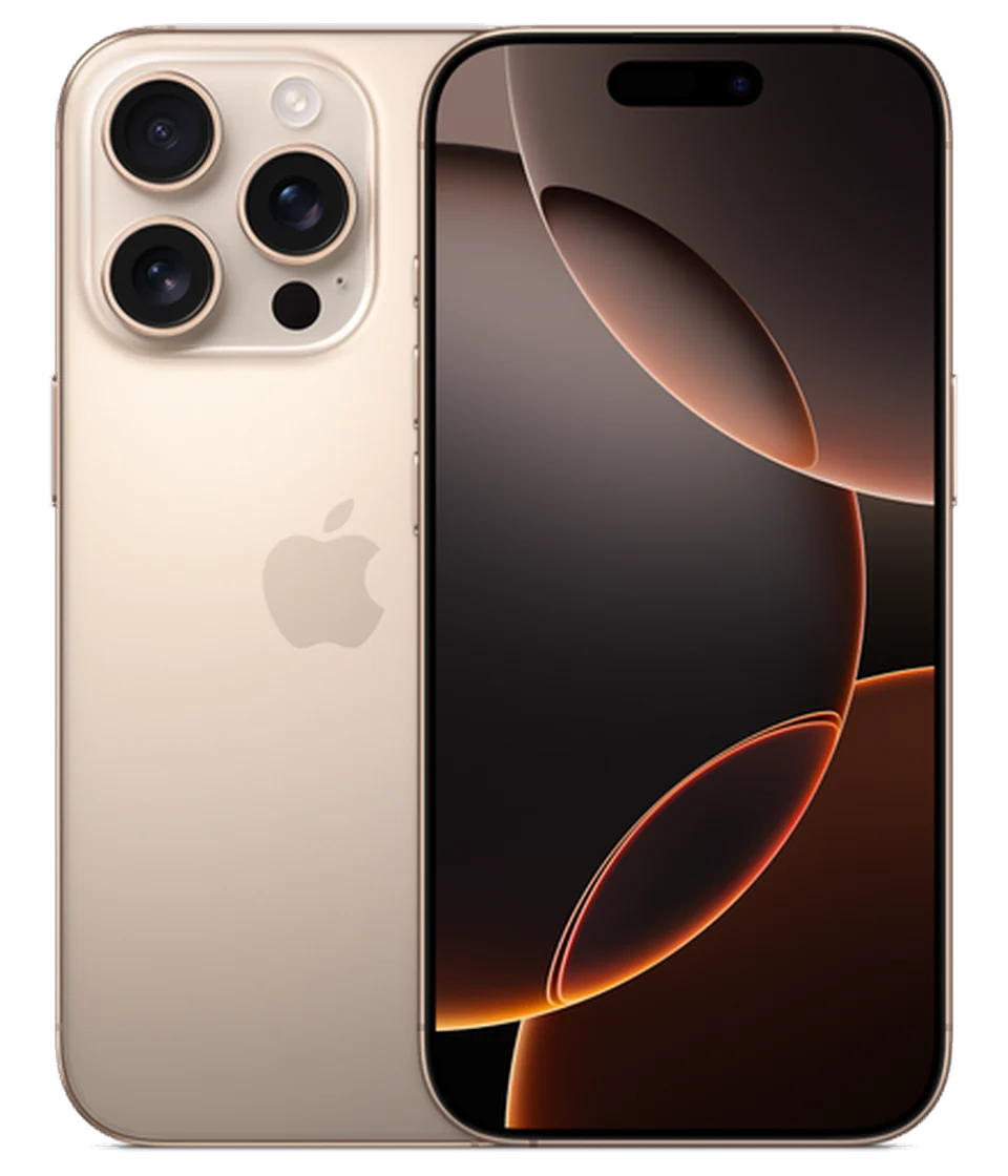iPhone 16 Pro in Desert Titanium, front and back